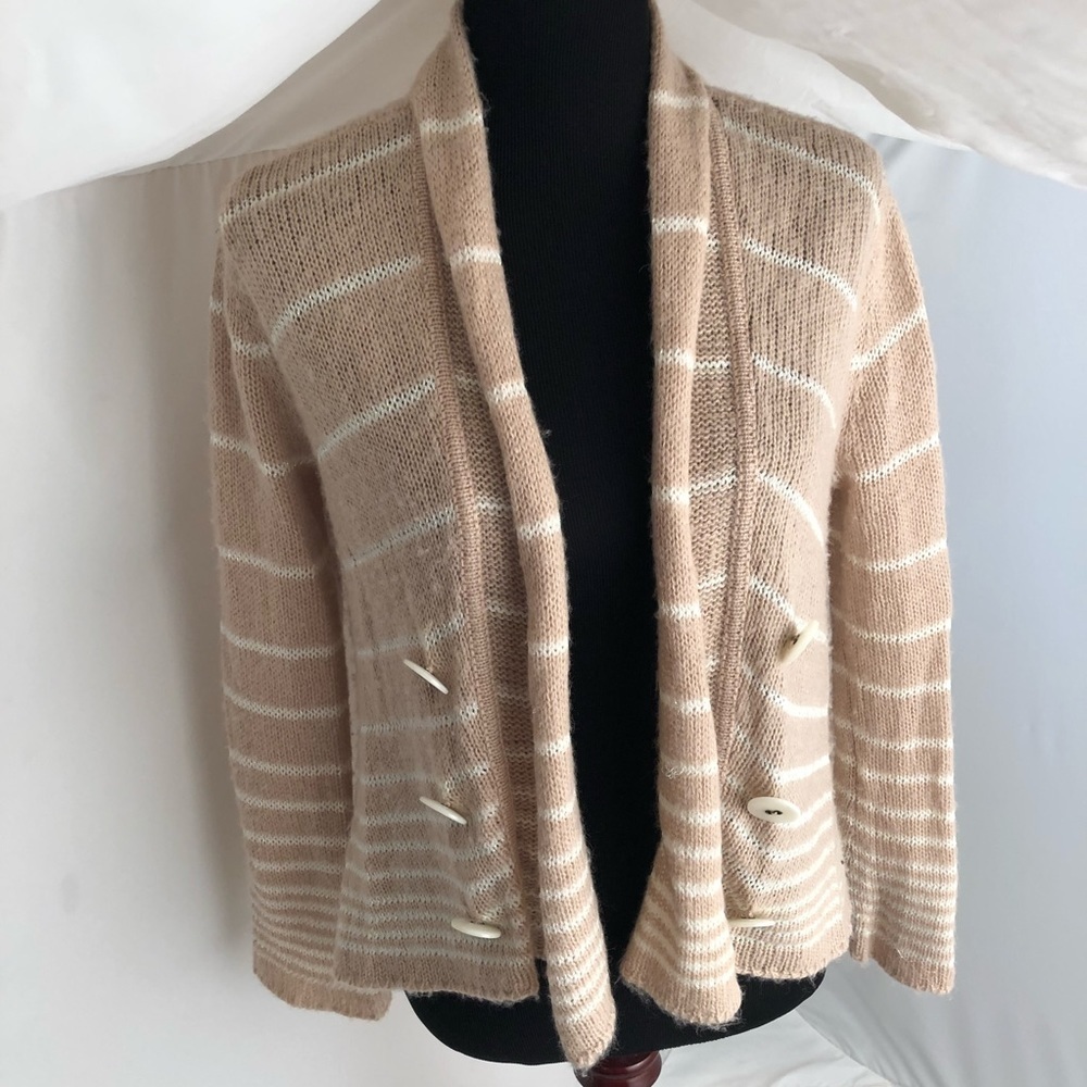 Free People Beige And White Striped Boho Open Cardigan Sweater